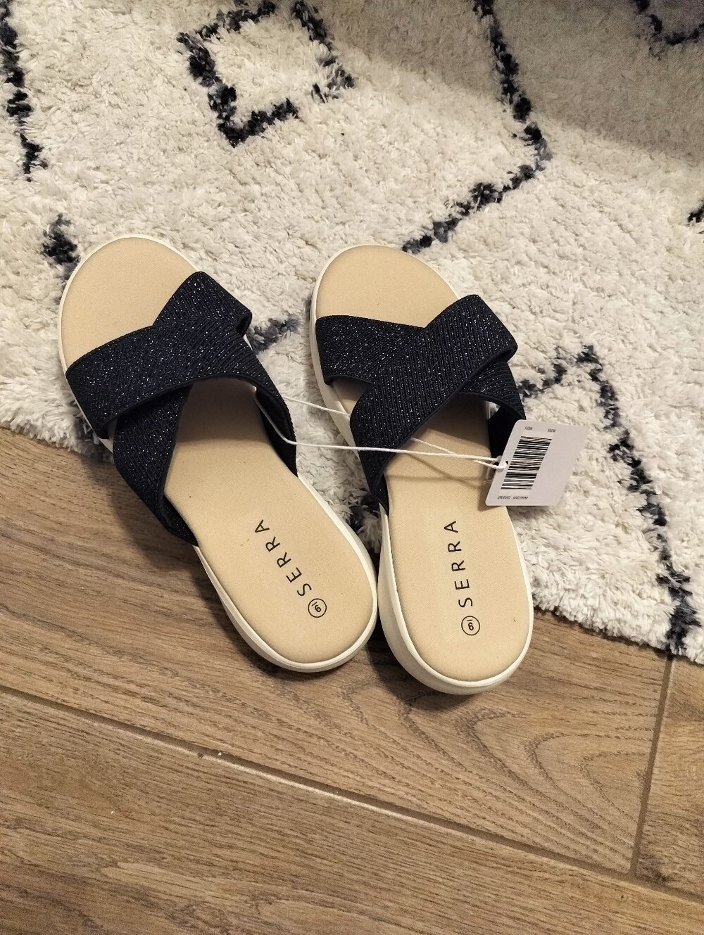 Women's Blue Sparkle Cross-Strap Memory Foam Slide Sandals